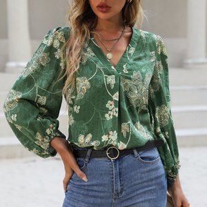 New Floral Print Lantern Sleeve Blouse Green